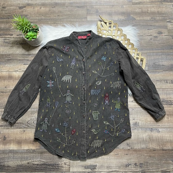 Sacred Threads Tops - Sacred Threads Button Down Tribal Appliqué Shirt